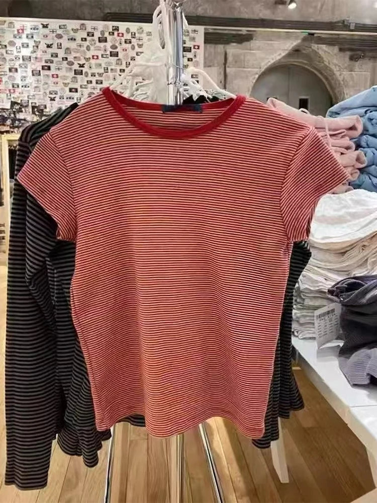 LIZAKOSHT  -  Pink Striped Slim T-shirts Woman Summer Round Neck Short Sleeve Tee Shirts Female Sweet Cute Preppy Style Cotton Tshirt Y2k Tops
