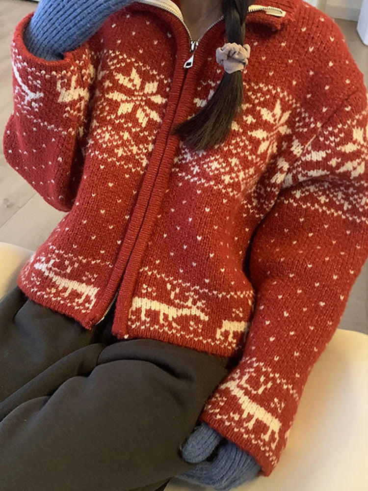 LIZAKOSHT  -  Snowflake Knitted Sweater Women Japanese Vintage Harajuku Short Cardigan Female Autumn Winter Casual Long Sleeve Zipper Knitwear
