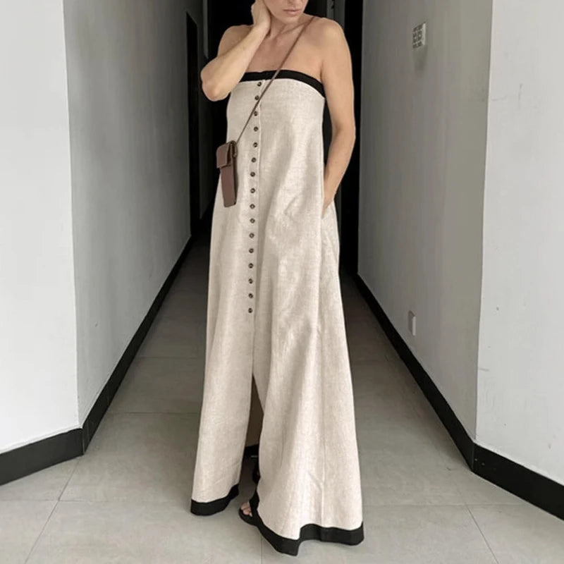 LIZAKOSHT  -  Temperament Color Blocked Backless Dress Elegant Strapless Sleeveless Dress Fashion Single Breasted Off Shoulder Vacation Dress
