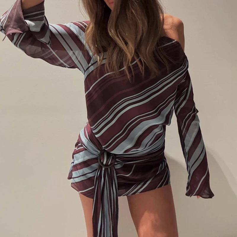 LIZAKOSHT  -  Women's Casual Long Sleeve Mini Dress New Autumn Retro Striped Print Asymmetrical Dress Fashion Slant Neck Tie Up Holiday Dress