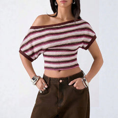 LIZAKOSHT  -  Colorful Bohemian Y2K Spicy Retro Hollow Knitted T-Shirt Asymmetrical Shoulder Line Batswing Sleeve Waist Cinched Top