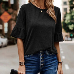 LIZAKOSHT  -  Summer Autumn Casual Solid Color Ruffled Sleeves T-shirts For Women Fashion Single Breasted Elegant Lady Party Blouse Pulllovers