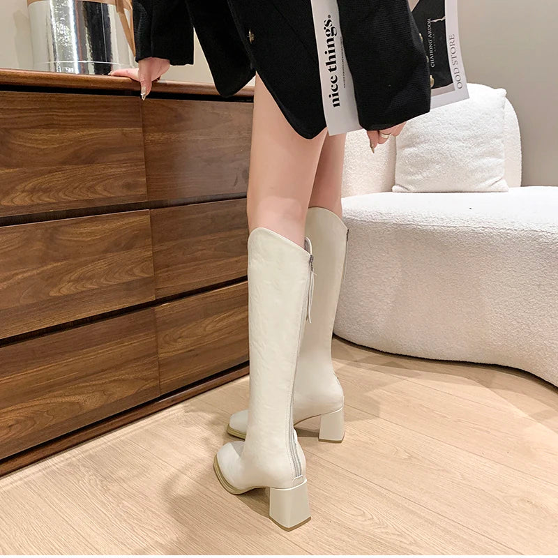 LIZAKOSHT  -  Autumn Winter Thick High Heels Women Knee High Boots Fashion Stretch Slim Modern Long Botas Para Mujer