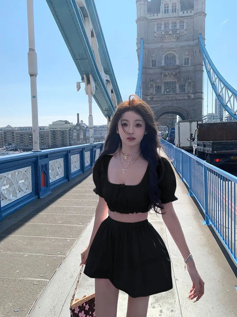 LIZAKOSHT  -  Cute Set Women's Summer Short-sleeved Square Collar Top High Waist A-line Skirt Two-piece Set Fashion Female Clothes