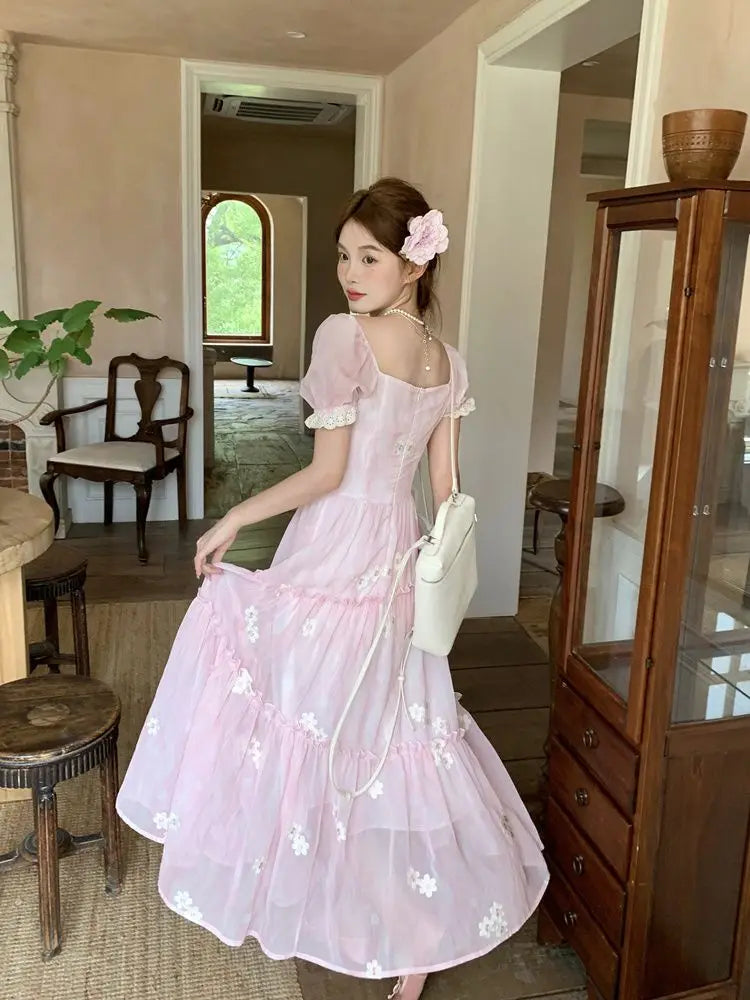 LIZAKOSHT  -  Dress With Lace Embroidery Flowers Pink Gentle And Sweet French Romantic Super Fairy Puff Sleeve Long Dress Large Size Summer