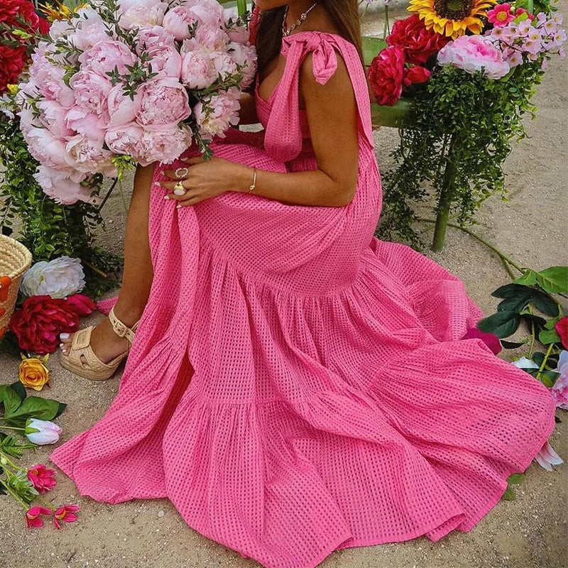 LIZAKOSHT  -  Female Bow Strapless Slit Loose A-line Dress Elegant Women Solid One Shoulder Beach Dress Holiday Sweet Swing Big Hem Dress