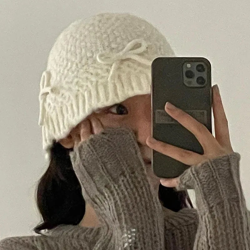 Lizakosht Ins Bow Decoration Cute Women's Hats Autumn and Winter Korean Version Casual Versatile Solid Color Warm Knitted Bucket Caps