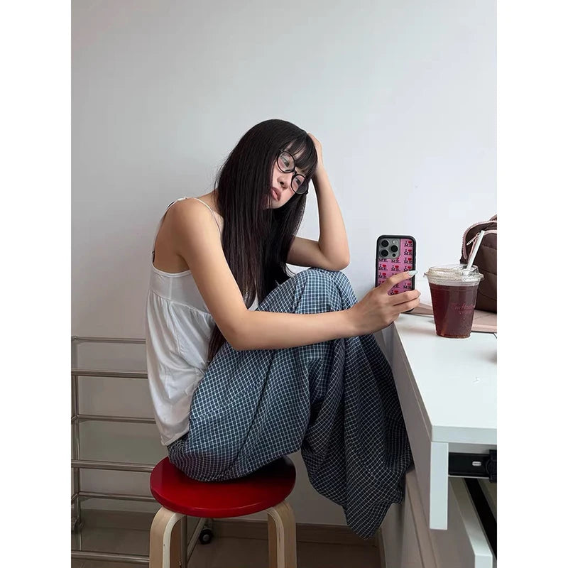 LIZAKOSHT  -  Women Blue Baggy Wide Leg Sweatpants Oversize Plaid Pants Harajuku 2000s American Style Vintage Y2k Trouser Summer