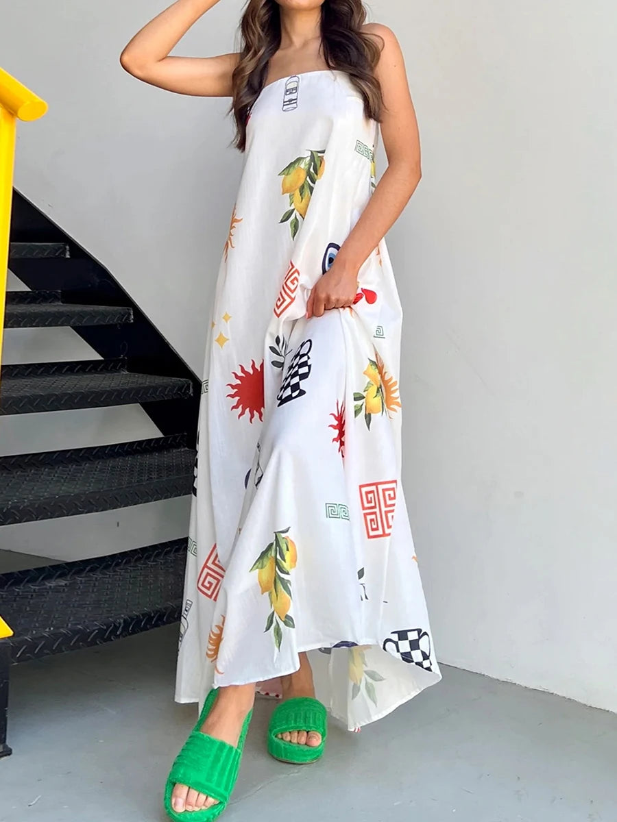 LIZAKOSHT  -  Women Graphic Strapless Long Tube Dress Vintage Off Shoulder Backless Maxi Dress Flowy Summer Holiday Beach A-line Dress