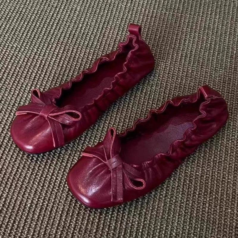 LIZAKOSHT  -  Red Bow Pleated Design Brand Ballet Flat Shoes Women Retro Round Toe Shallow Mary Jane Shoes Comfortable Moccasin Casual Shoes