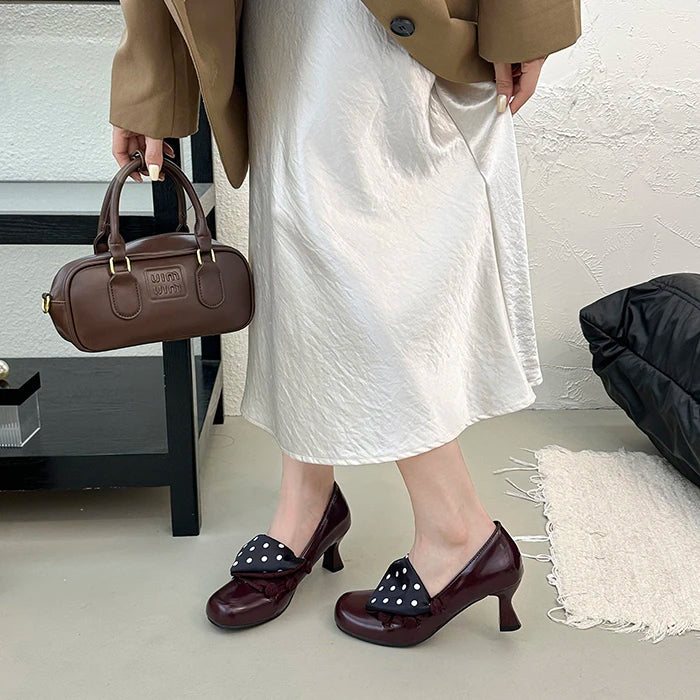 LIZAKOSHT  -  Vintage Polka Dot Thick Heel Women Mary Jane Shoes Outdoor Slip On Pumps Spring Autumn Eelgant Dress Leather Single Shoes