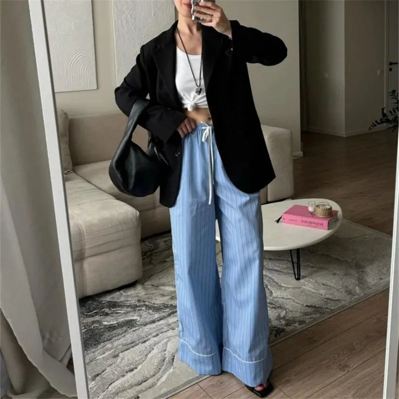 LIZAKOSHT  -  Women's Straight Wide Leg Pants Y2K Vintage Drawstring Elastic Waist Striped Print Boxer Pants Casual Lounge Trousers
