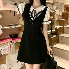 LIZAKOSHT  -  Women's Summer Preppy Style Sweet Drawstring Letter Bow Polo Collar Patchwork Fake Two Pieces Short Sleeve Slim A-line Dresses