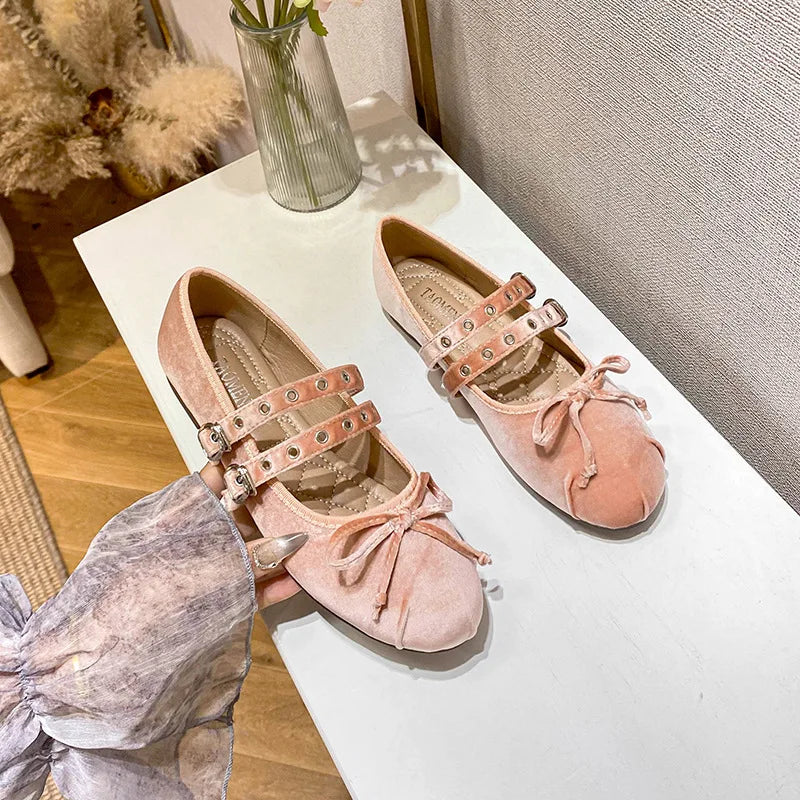 LIZAKOSHT  -  round toe pink velvet flats shoes for woman double band bowtie ballerina shoes rivets button mocasines lolita big shoes size 43