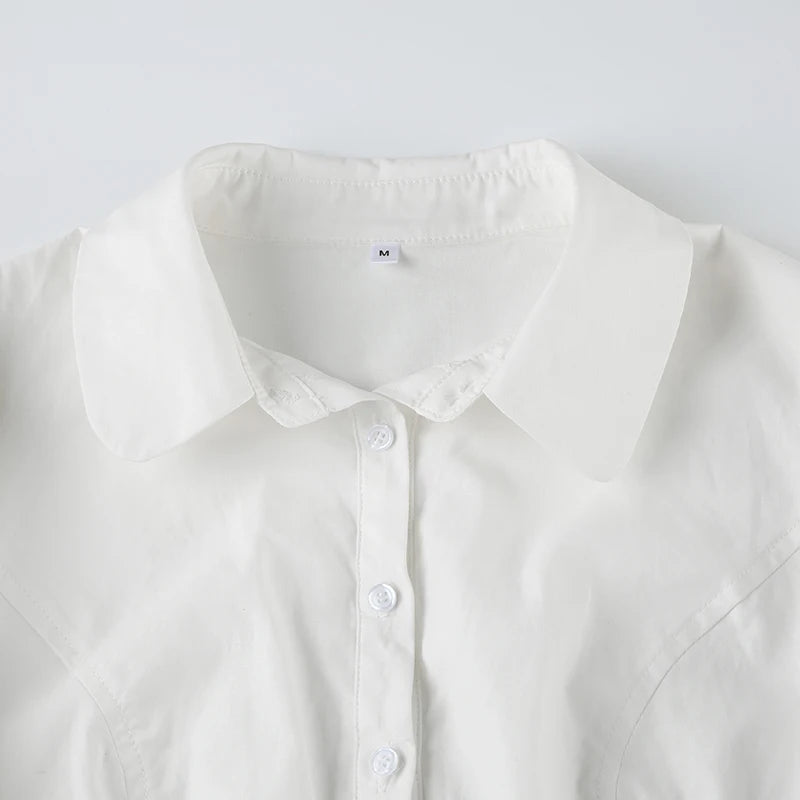 LIZAKOSHT  -  Casual Solid Tee Shirts for Women Turn-down Collar Button Up Corset Blouses Korean Short Sleeves Fashion Cute Tops