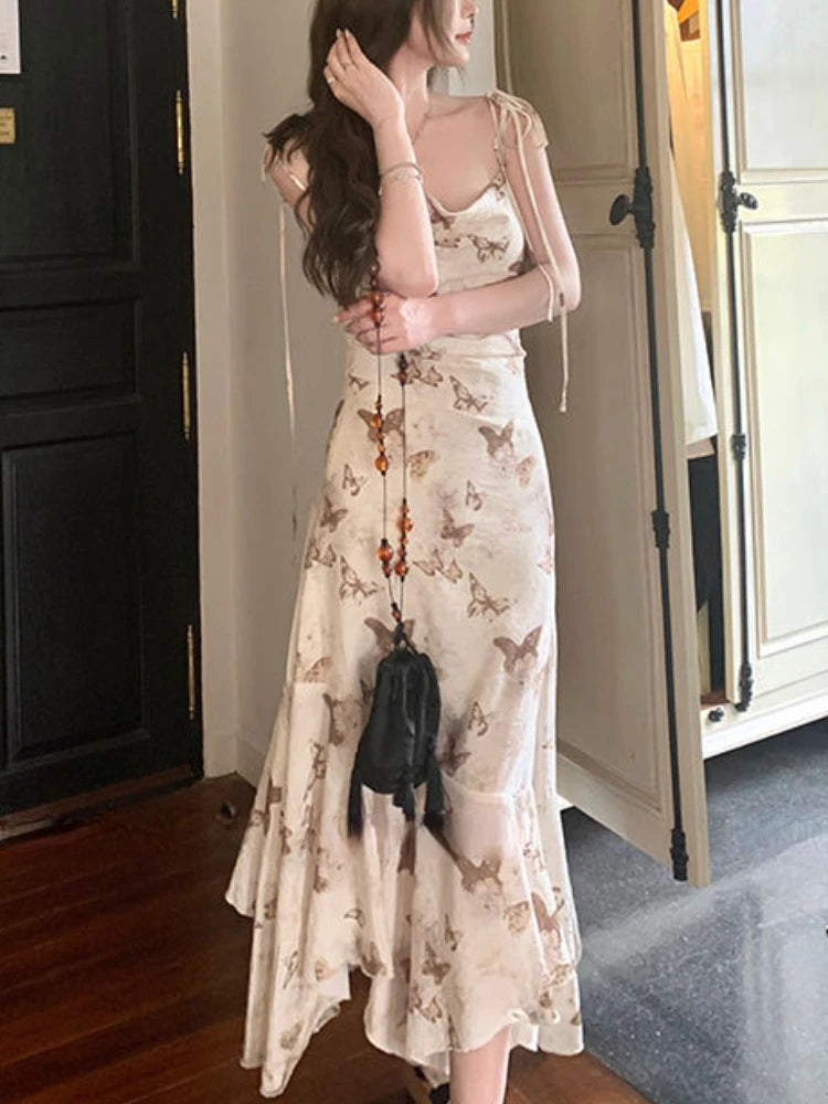 LIZAKOSHT  -  Summer Japanese Elegant Party Midi Dress Women Irregular Sweet Lace Suspender Dress Female Slim Korean Casual Strappy Dress