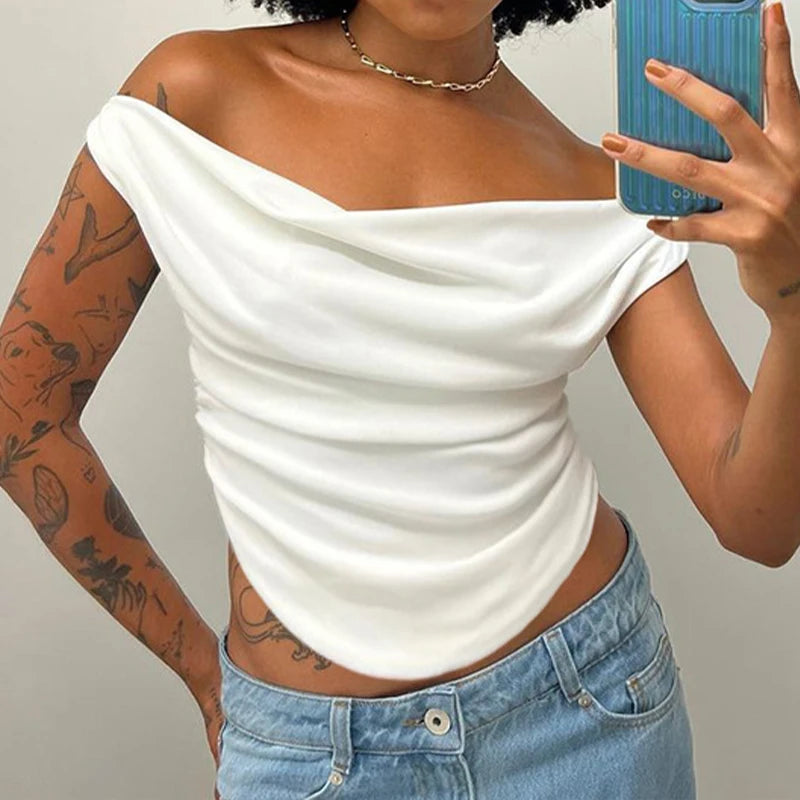 LIZAKOSHT  -  Elegant Women's Clothing Off Shoulder Slash Neck Solid Irregular Pleated Summer Daily T-shirt Sleeveless Y2k Slim Tops