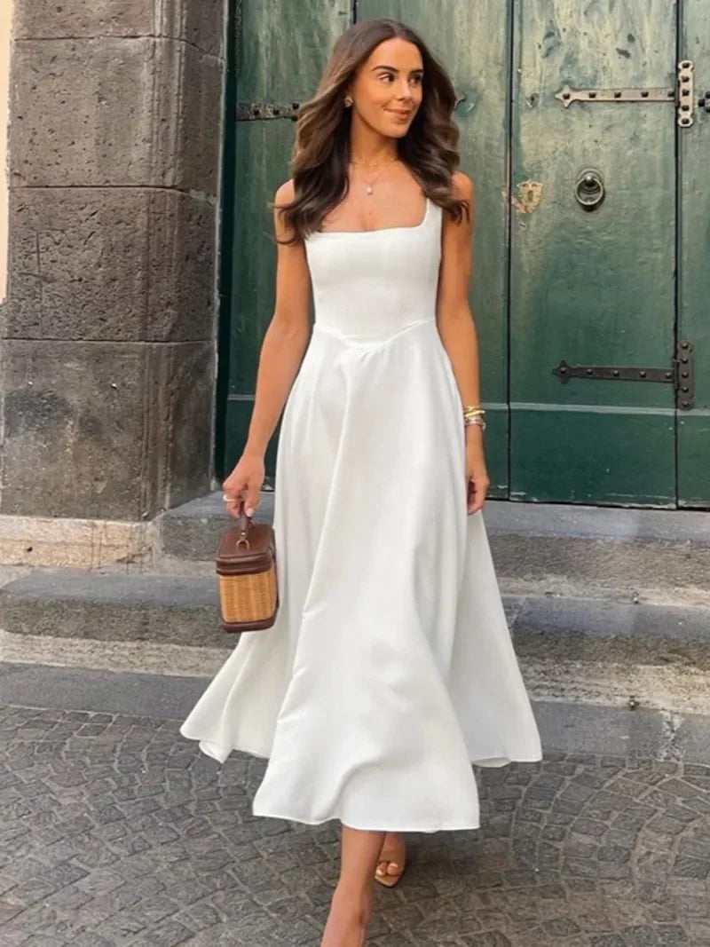 LIZAKOSHT  -  Woman Clothing Square Collar Sleeveless White Long Dress Ladies Fashion High Waist Backless A-line Party Dresses 2024 Streetwear