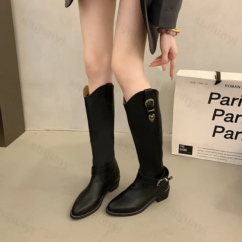 LIZAKOSHT  -  Women Mid Heels Knee High Chelsea Long Boots Fashion Metal Buckle Platform Motorcycle Boots Designer Pointed High Knight Boots