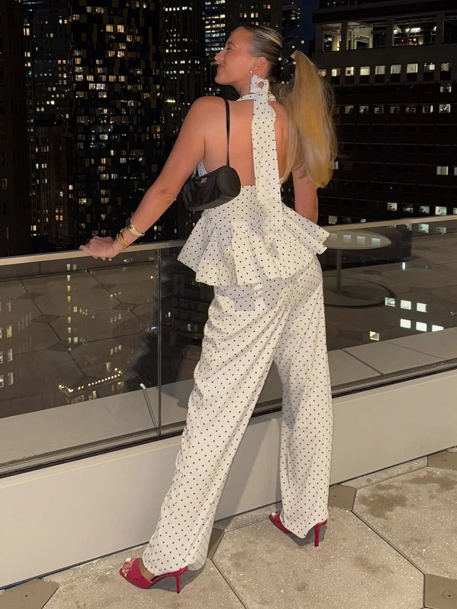LIZAKOSHT  -  Polka Dot Printed Trousers Set 2026 Spring and Summer Spice Girl Temperament Neck Sling Wide Leg Trousers Set