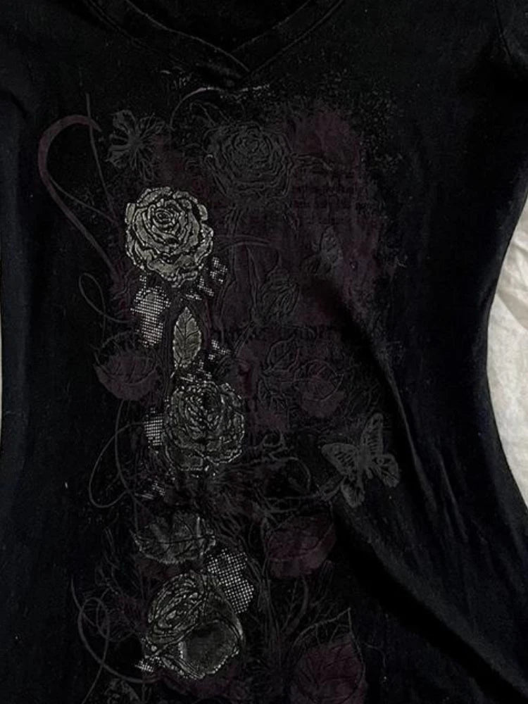 LIZAKOSHT  -  Y2k Aesthetic Flower Printing Women Grunge T-shirts Vintage Slim Harajuku Causal Black Tshirts 2024 Summer Bottoming Crop Tops