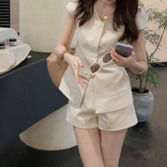 LIZAKOSHT  -  Summer Korean Elegant  Temperament Short Sleeve Solid Single Breasted  Top Shorts Two Piece Set Women