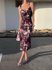 LIZAKOSHT  -  Elegant Floral Fruit Patterned Slip Dress For Women Square Collar sleeveless Hip Package 2025 Female Party Vacation Chic Dresses