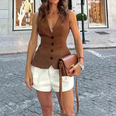 LIZAKOSHT  -  Fashion Slim Vest For Women Summer 2025 New Brown Single Breasted V-neck Sleeveless Waistcoat Sleeveless Office Casual Solid Top