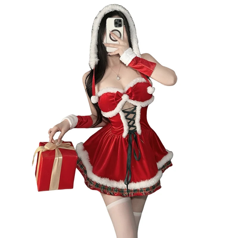  LIZAKOSHT  -  Women Christmas Costume Set Spaghetti Strap Velvet Mini Dress with Hood Gloves Lace Up Belt Xmas Festival Party Cosplay Outfit