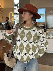 LIZAKOSHT  -  Knitted Printed Sweater Women Full Sleeve O-neck Contrast Color Patchwork Pullover Sweater Lady Autumn Casual Knittwear top