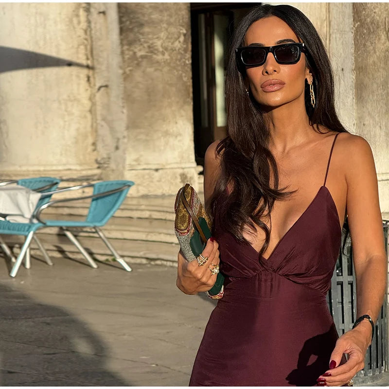 LIZAKOSHT  -  Sexy Solid Ruffles Sling Dress Women Sleeveless Backless Empire V-neck Long Party Dresses Female Spring Chic Lady A-line Robes