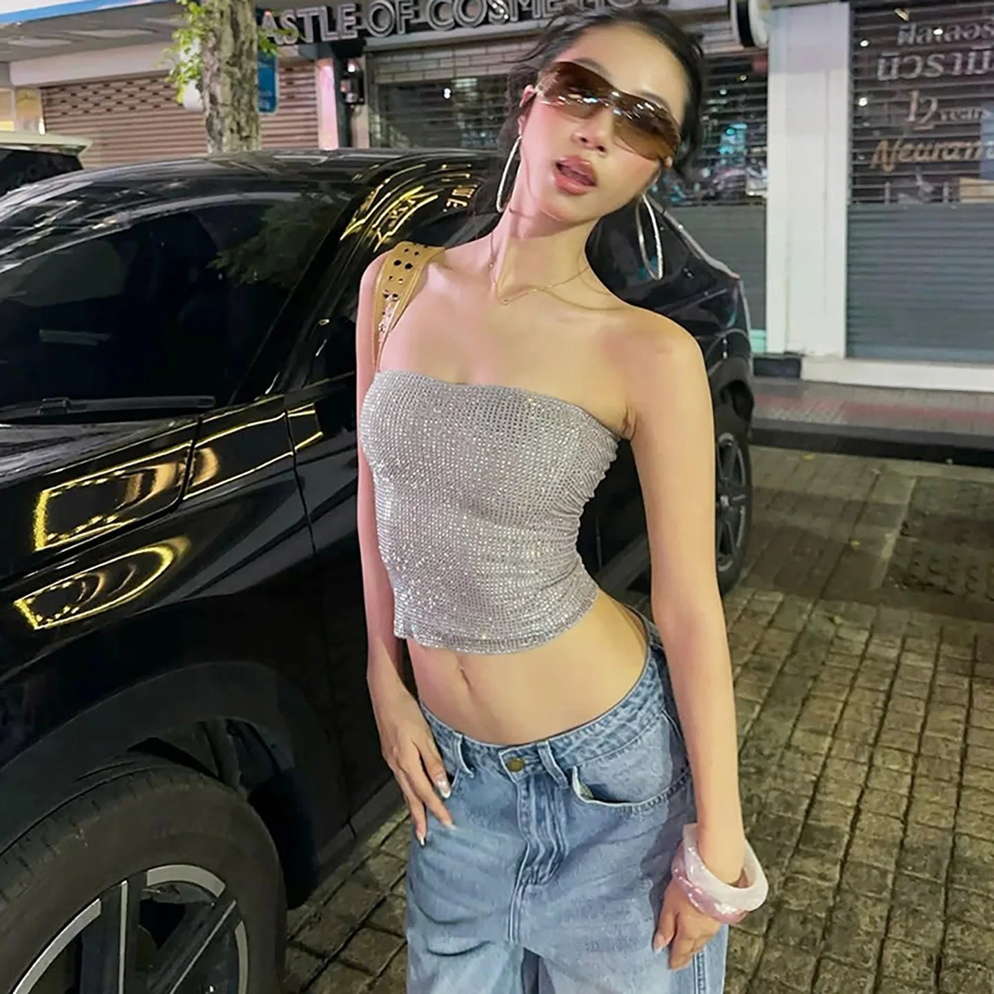 LIZAKOSHT  -  Women Sequin Decal Sleeveless Crop Top With Exposed Navel Elastic Tight And Sexy Spicy Girl Outfit Fashion Party Club Dress Up