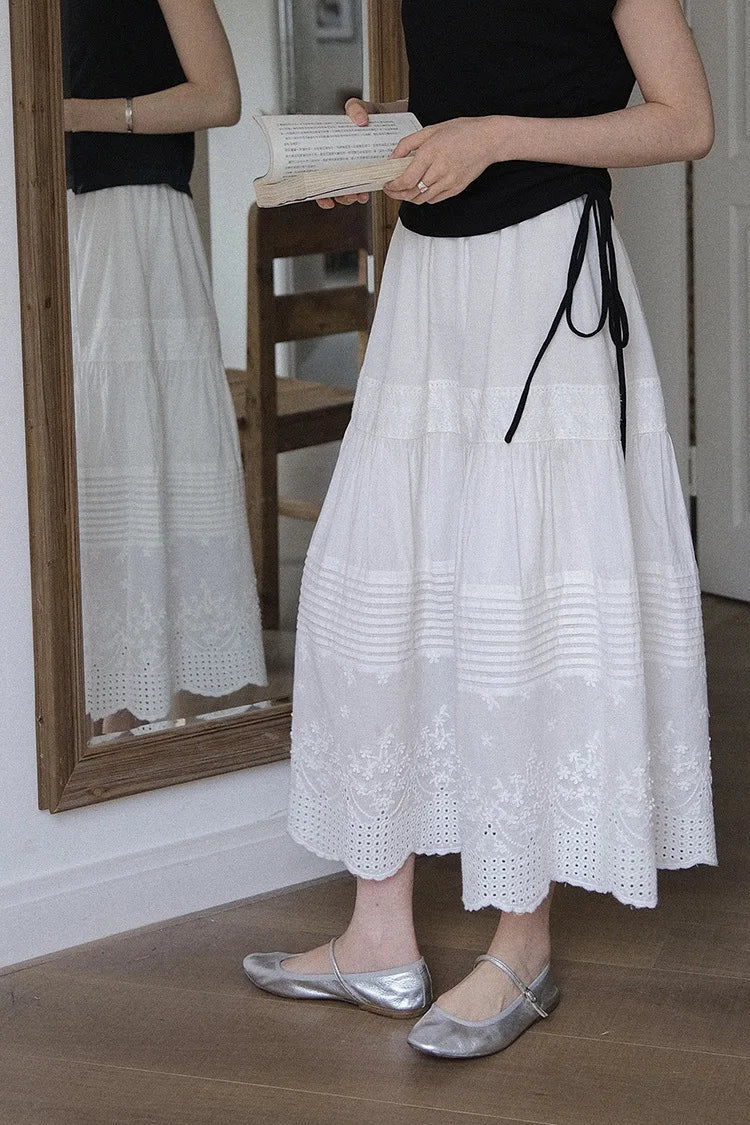 LIZAKOSHT  -  French Retro High-Waisted Drape Skirt Women Summer Small Midlength Slim Lace Embroidery A-Line Umbrella Skirt