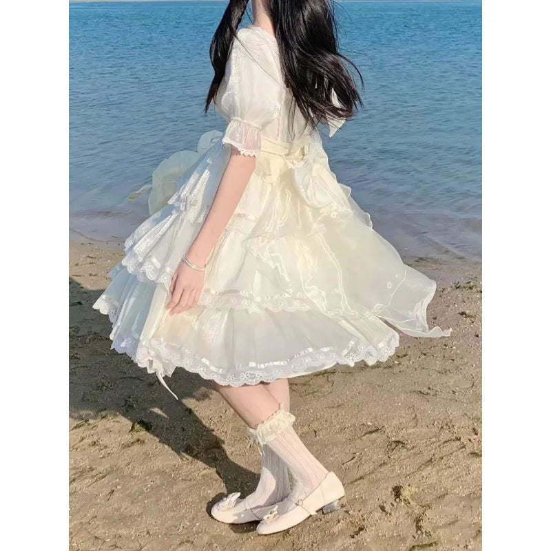 LIZAKOSHT  -  Japanese Sweet Lolita Dress Summer OP Fairy Birthday Dress Cos Flower Wedding Loli Tea Party Short Sleeve Cute Girl Clothing