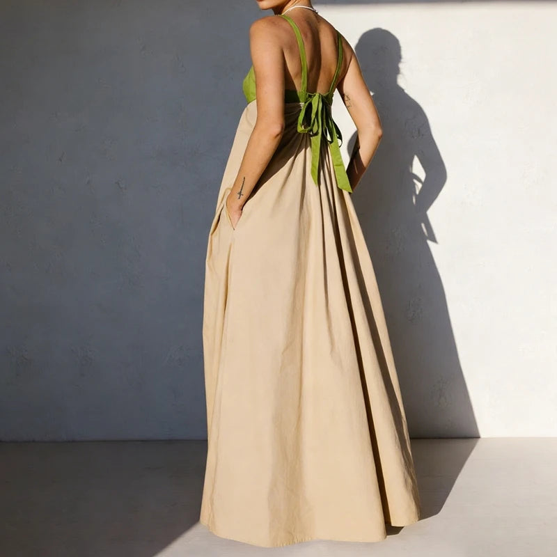 LIZAKOSHT  -  Women Loose Fit Maxi Dress Summer Sleeveless Patchwork Contrast Color Flowy Dress Beach Party Back Tie Long Dress