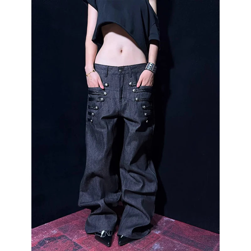  LIZAKOSHT  -  American Retro Women Wide Leg Straight Jeans Women's Multiple Buttons Original Autumn Winter Loose Long Pants Ladies Jeans