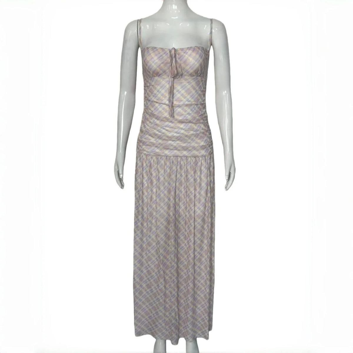 LIZAKOSHT  -  Fashionable Sexy Plaid A- Line Long Dress Strapless Waist-Cinching Slimming Summer New Style High Waist Pleated Fresh Sweet Styl
