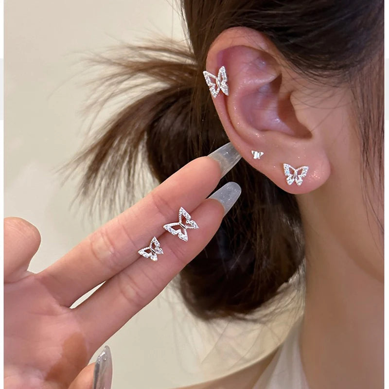 Lizakosht Needle Hollow Mini Butterfly Stud Earrings for Women Girls Silver Color Rhinestone Pierced Earrings Fashion Jewelry