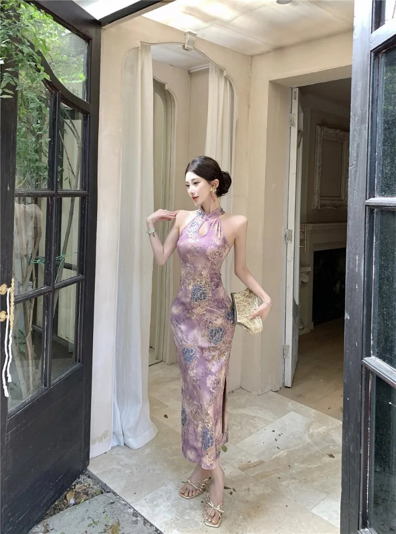 LIZAKOSHT  -  Purple Cheongsam Dress Women's Summer Chinese Style Off Shoulder Drip Collar Hot Stamping Flower Dress Fashion Female Clothes
