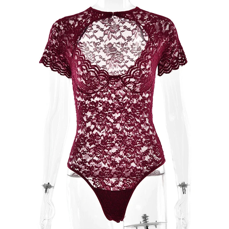 LIZAKOSHT  -  Charming Sexy Women's Lace See Through Hollow Short-sleeved Bodycon Fashion Floral 1Pcs Bodysuits 2025 Nightclub Streetwear