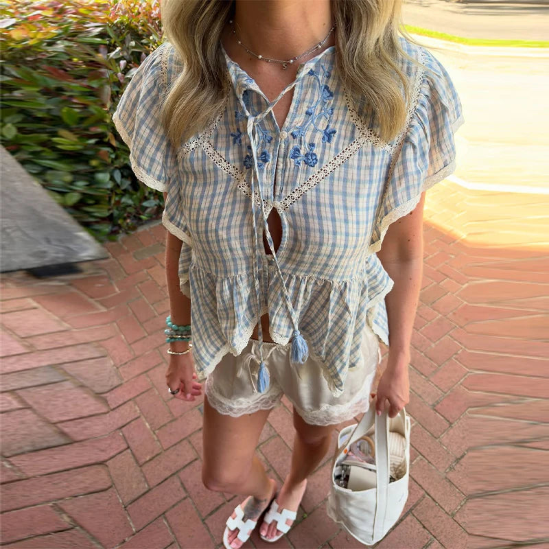 LIZAKOSHT  -  Embroidered Plaid Ruffle  Top Round Neck Uneven Flounce Hem Spring Summer Picnic  Lady Women Cottage Vintage Sweet  Outfit