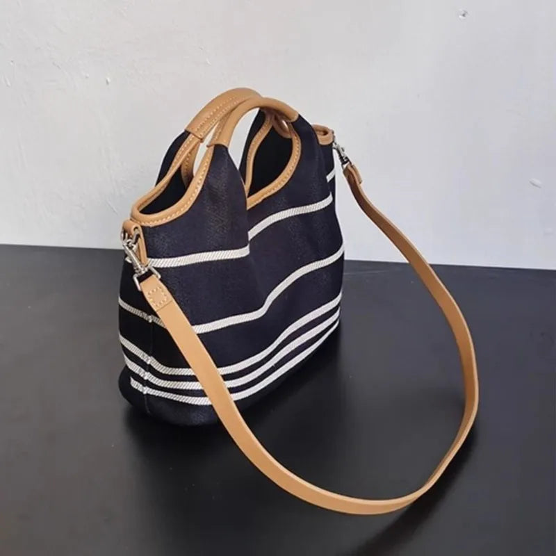 LIZAKOSHT  -  Retro Blue Stripe Handbag Women Color Block Large Capacity Shoulder Bags Ladies Fashion Casual Versatile Commute Crossbody Bags