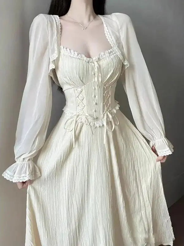 LIZAKOSHT  -  Dress Suit Cardigan Suspender Dress Ruffle One Piece Dress Casual Cardigan Korean Summer New Fairy French Elegant Solid Dress