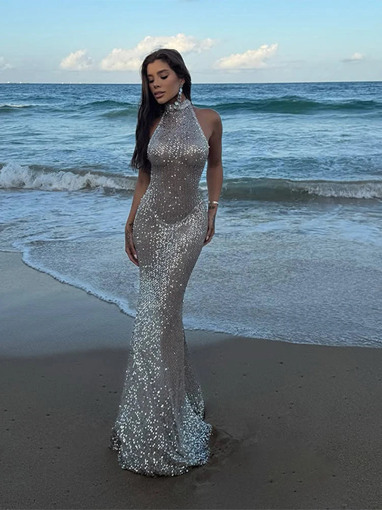 LIZAKOSHT  -  Sequin Halter Beach Dress Large Backless Neck Hanging Waist Cinched Slim Fit Wrap Hip Long Dresses Micro Perspective Sexy Robes