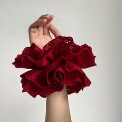 LIZAKOSHT  -  1PC Atmosphere-Enhancing Tipsy Red Cotton Fabric Hollow-Out Four-Layer Scrunchie - Elegant Wine-Red Hair Flower Bun Hair Tie