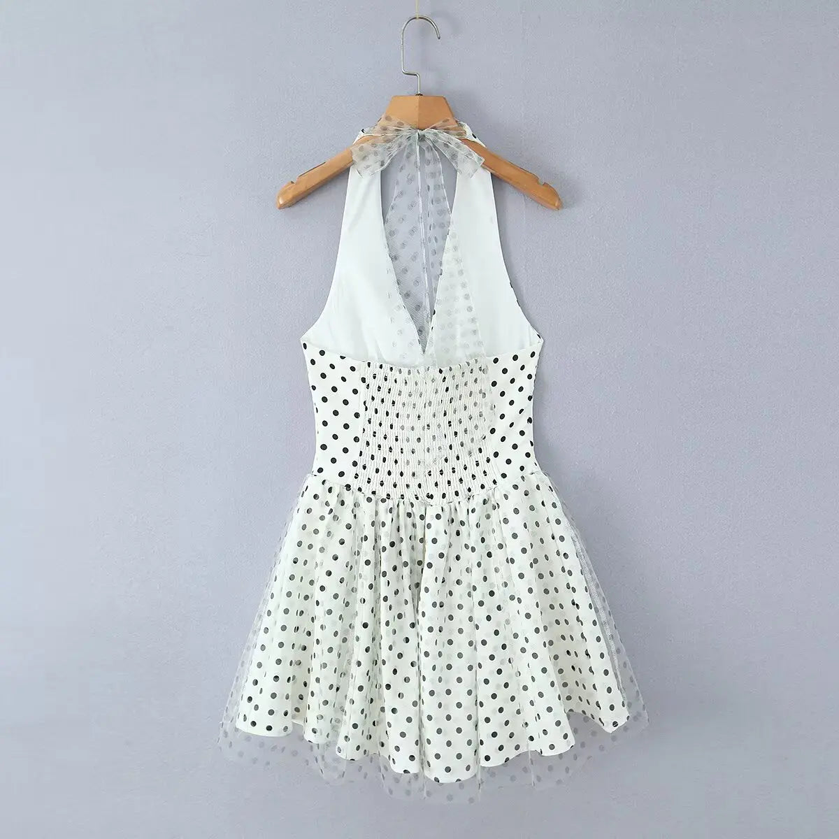 LIZAKOSHT  -  Sexy Polka Dot Print Spliced Mesh Bow Halter Dress Women Backless Slim Low Waist Swing Ball Gown Short Sling Dresses Vestidos