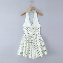 LIZAKOSHT  -  Sexy Polka Dot Print Spliced Mesh Bow Halter Dress Women Backless Slim Low Waist Swing Ball Gown Short Sling Dresses Vestidos