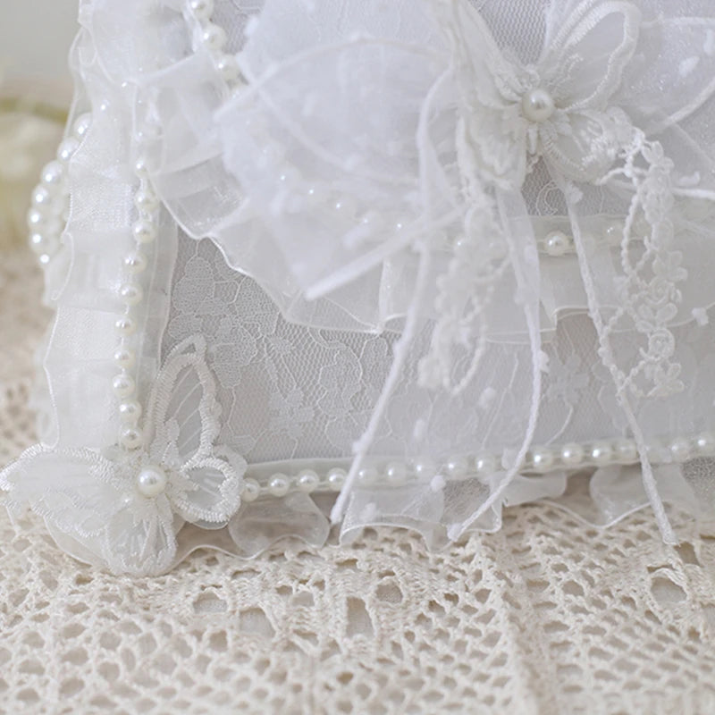 LIZAKOSHT  -  Lolita White Lace Bag Pearl Chain Purse Bowknot Handbag Sweet Tea Party Shoulder Bag Kawaii Girls Cute Bows Butterfly