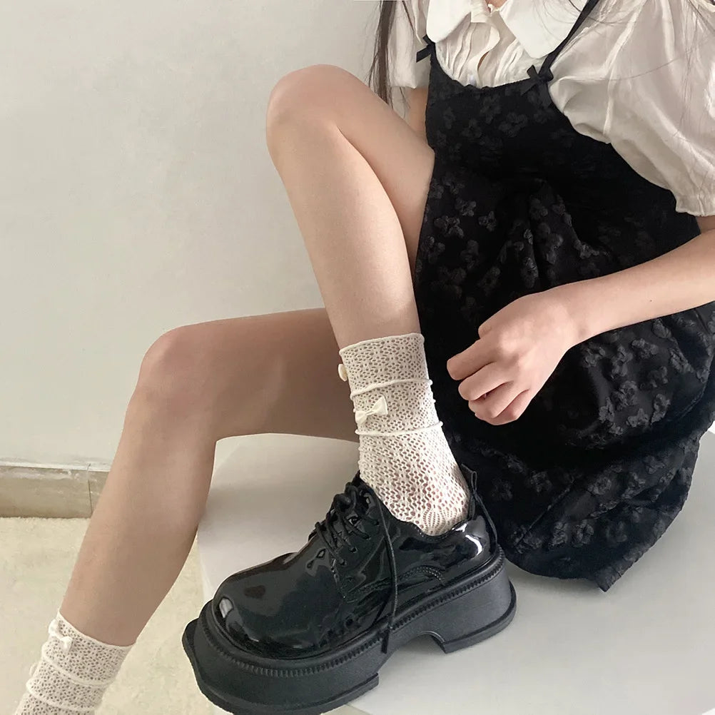LIZAKOSHT -  Japanese Style Girls Long Socks Summer Hollow Out Mesh Breathable Lace Ruffle Socks JK Lolita Kawaii Bowknot Cute Socks Women