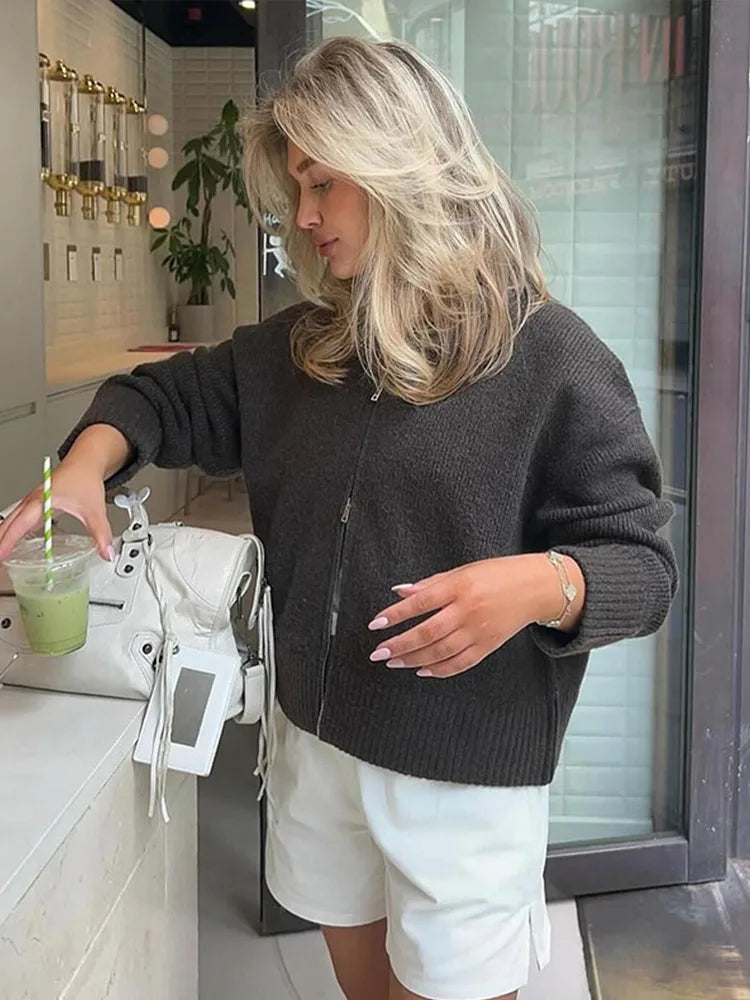 LIZAKOSHT  -  Double-Head Zipper Knitted Sweater Cardigan Solid Color Bomber Jacket Women's Commute Coat Top Minimalism Knitwear Overcoat